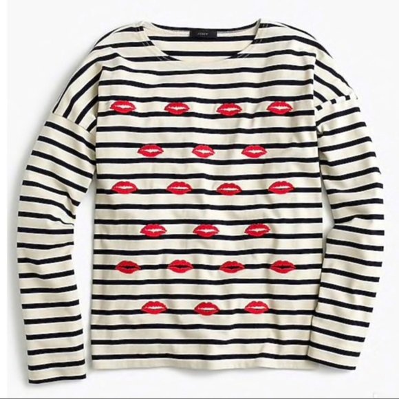 J. CREW Women’s Striped Embroidered Lips Long Sleeve Tee Shirt Navy Blue White S - Picture 3 of 10